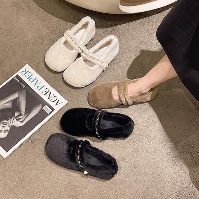 Женские осенние и зимние теплые пушистые туфли с цепочкой, уличные туфли в корейском стиле с одним ремешком, мокасины на плоской подошве с низким верхом