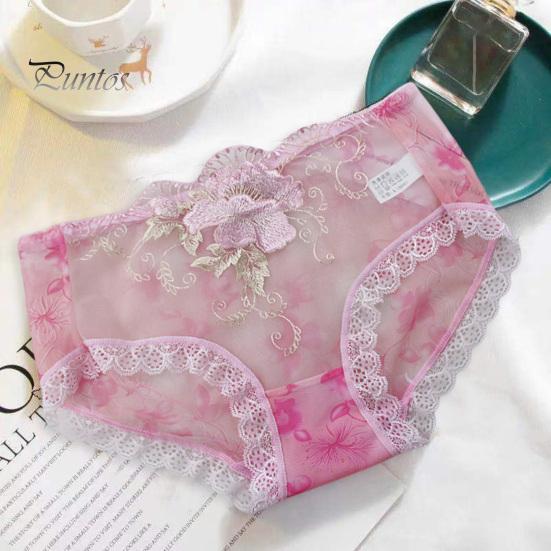 Underpants Women Panties Rose Embroidery Flower Print Mid Waist Stretch Briefs See-through Lace Sexy Ladies Underwear Daily Wear