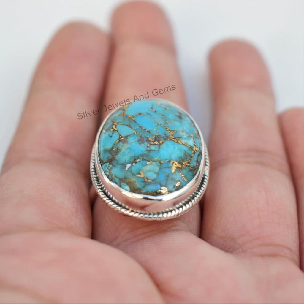 Blue Copper Turquoise Ring, 925 Sterling Silver Handmade Ring, Oval Gemstone Ring, December Birthstone, Promise Ring