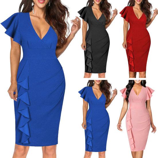 Женское летнее платье с V-образным вырезом и короткими рукавами с рюшами, однотонное, мягкое, плотное, с высокой талией, эластичное, OL, для поездок на работу, до колена, для вечеринки, клуба, формальное платье миди