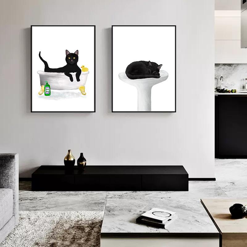 Смешной современный милый черный кот в ванной художественные постеры украшения холст картины и принты для ванной комнаты туалет гостиная декор
