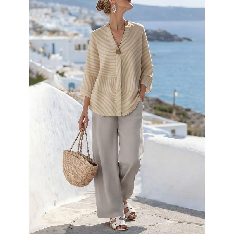 Womens 7/8 Sleeve V-Neck Printed Linen Blend Casual Set With Straight Leg Pants