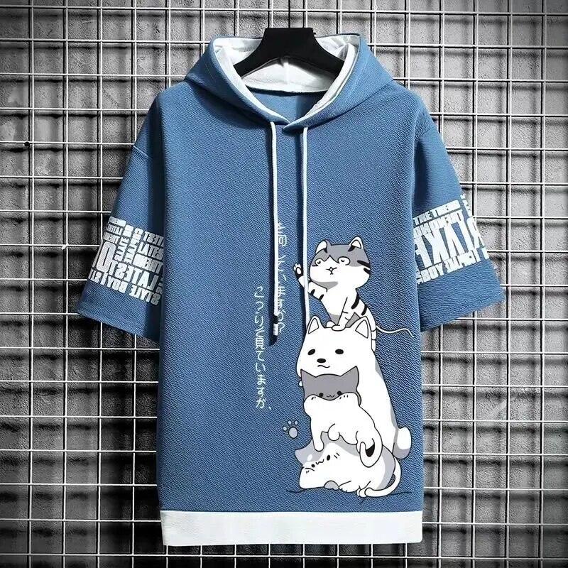Japan Fashion Men's Hoodies Summer Men Clothing Cartoon Casual Harajuku Streetwear Print Hooded Short Sleeve Sweatshirts Men