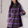 VICTORIA&VERA Color-Blocked Plaid Knitted Hooded Long Coat