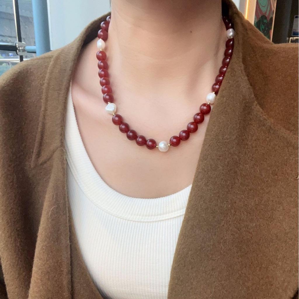100% Натуральный пресноводный жемчуг и камень красный агат 14K Золотое наполнение Женская цепочка из бусин Ожерелье для женщин Подарки на день рождения