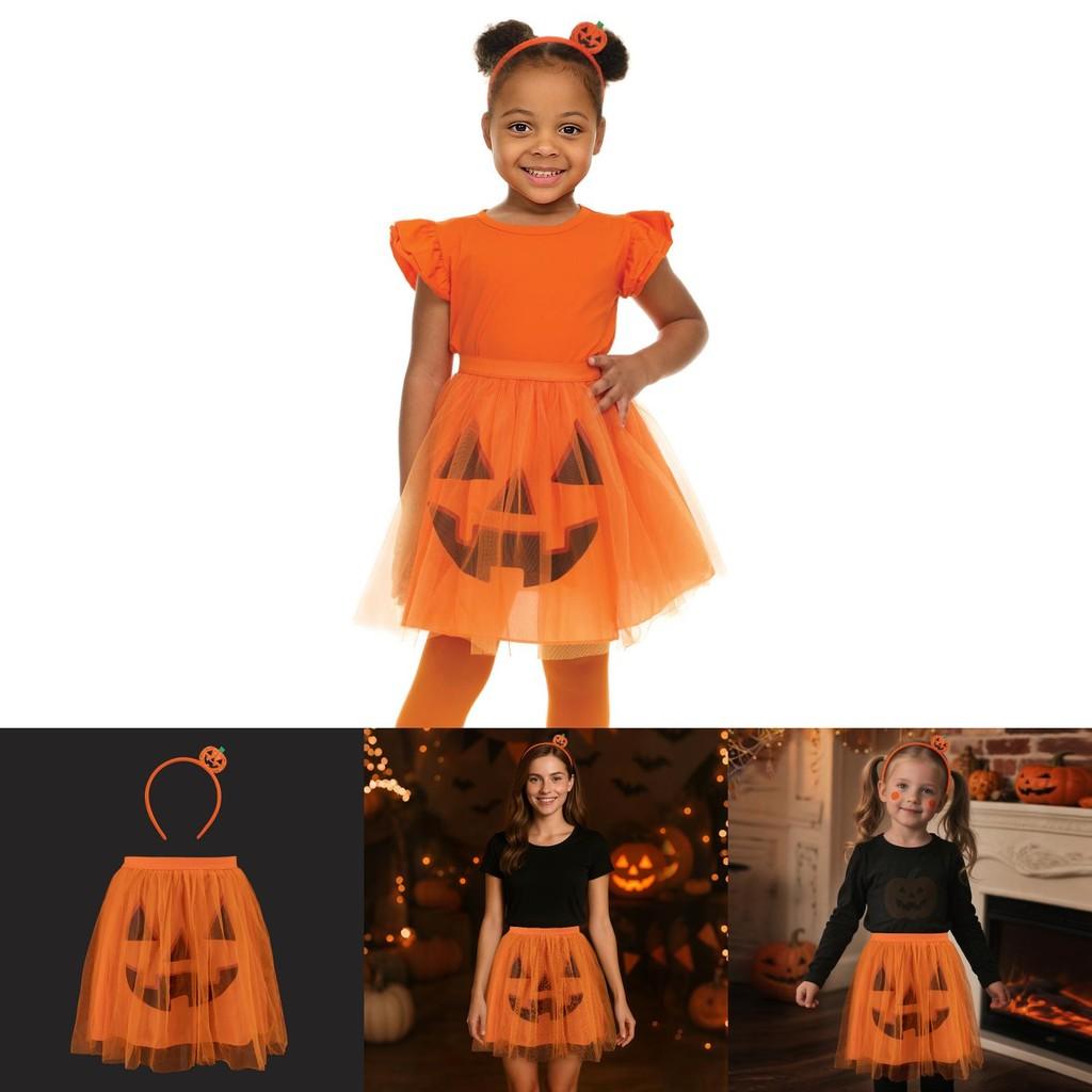 Halloween Ghost Face Pumpkin Veil Dress And Headband Set For Kids