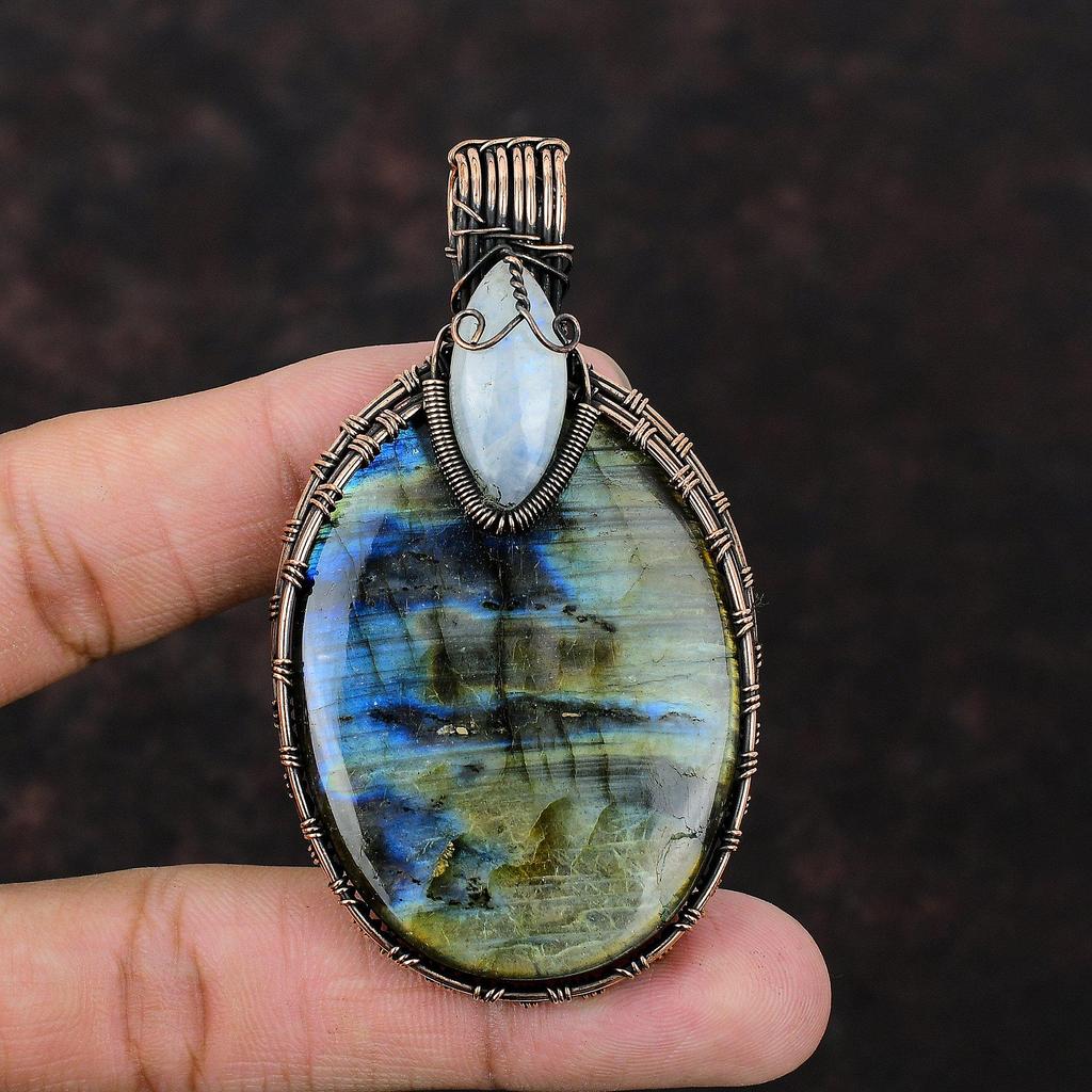 Labradorite Pendant Copper Wire Wrapped Gemstone Pendant Rainbow Moonstone Jewelry Handmade Pendant Gift For Mother Unique Copper Jewelry