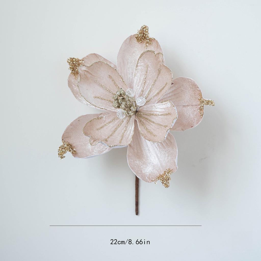 1PC Christmas Artificial Flower 22cm Fabric Sticky Pink Sequins Imitation Magnolia Flower Living Room Decoration Christmas Decoration Small Gift