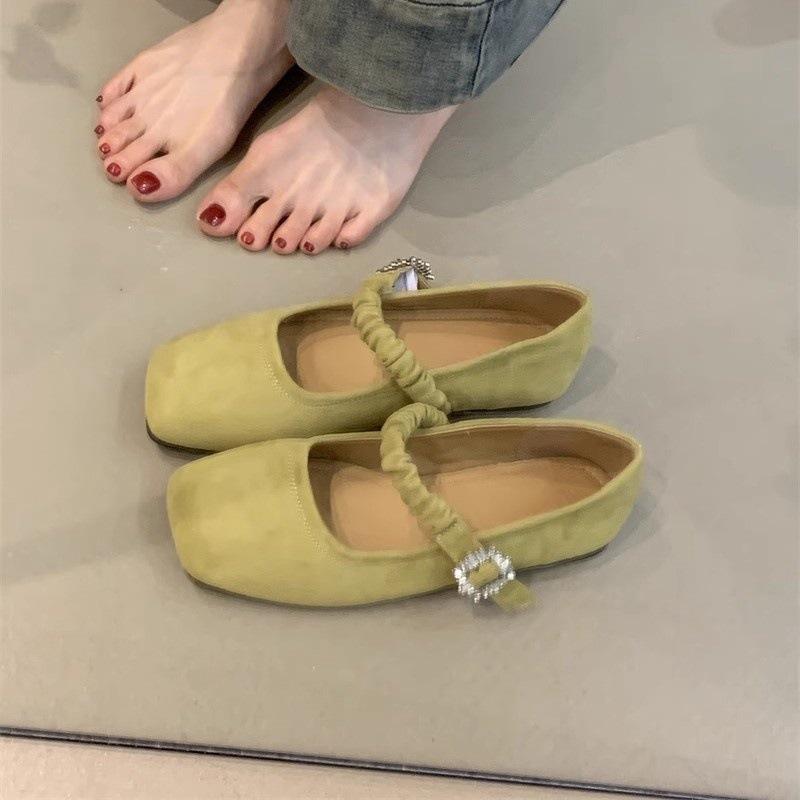 Square Head Mary Jane Shoes Women's Suede Flat-soled Single Shoes Rhinestone Buckle Pleated Belt with Skirt Temperament Grandma Shoes Tide