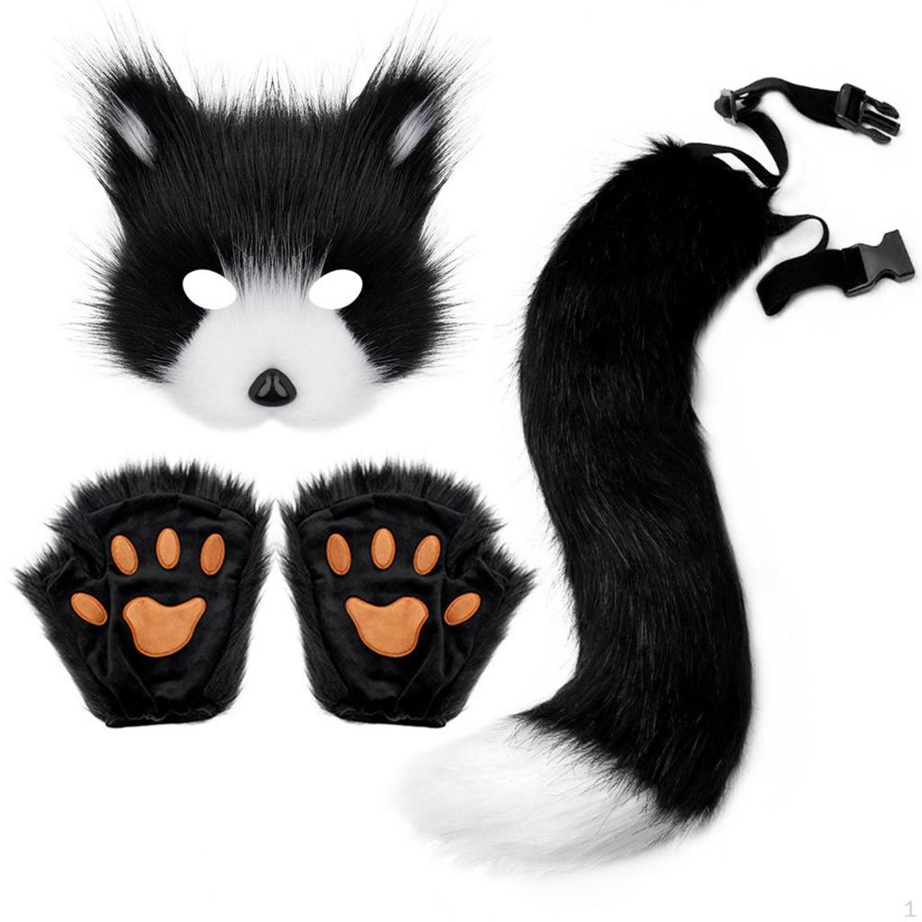 Faux Fuzzy Headpiece and Tail Set | Adjustable Waist Strap, Animal Cosplay with Gloves, for