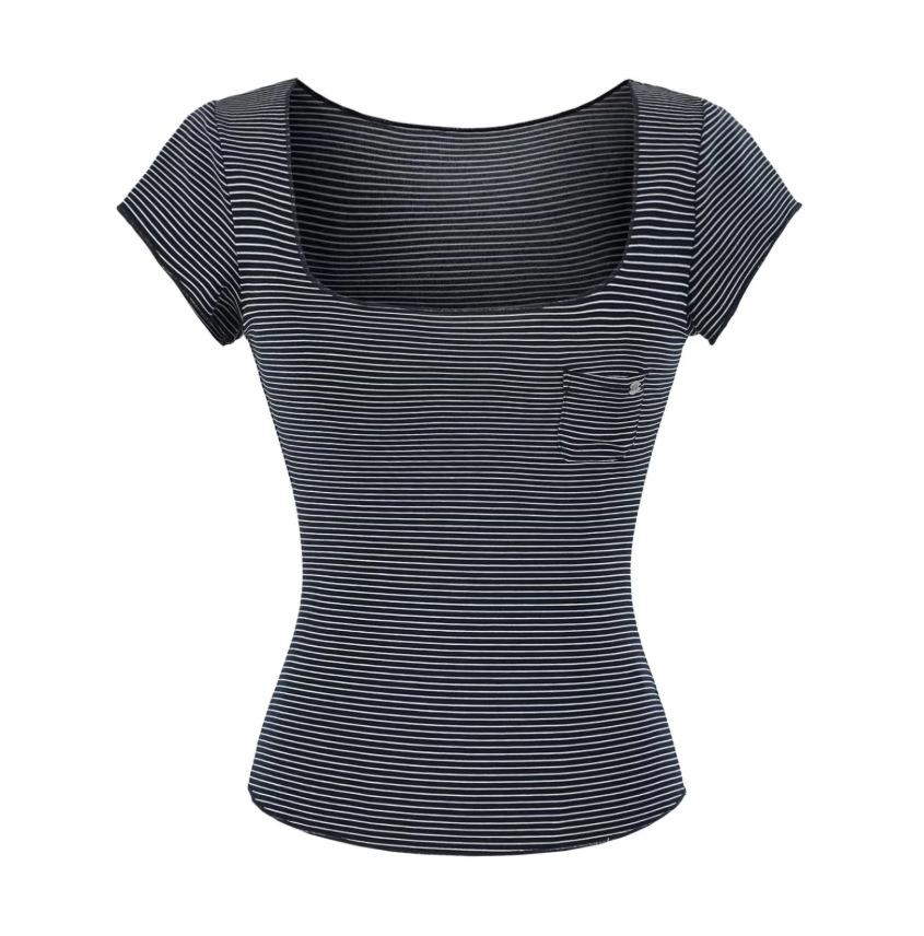 Micro-transparent U-neck short-sleeved T-shirt women's summer new American Spice Girl solid color slim-fitting and thin elastic bottoming top