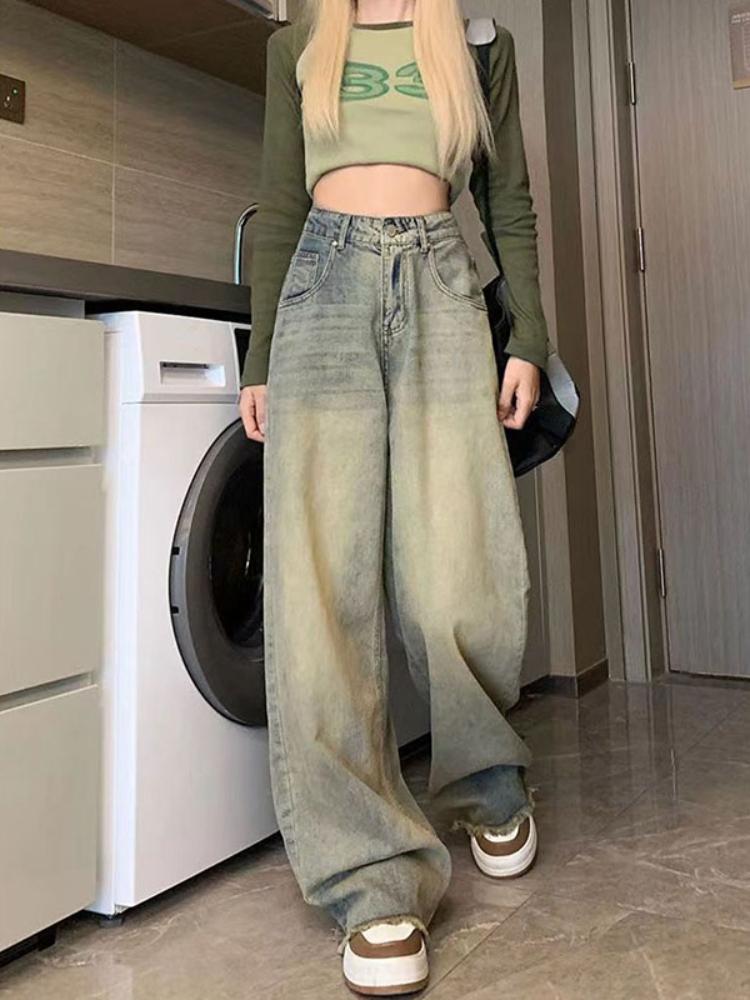 Y2K Vintage Streetwear Denim Trousers Woman Korean Fashion High Waist Straight Jeans Female Spring Elegant 2000s Casual Baggy Pants