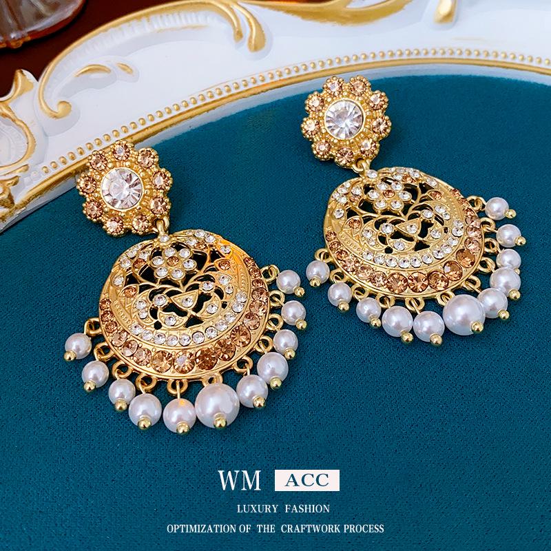 Винтажные серебряные серьги-капли с инкрустацией бриллиантами и жемчугом - Полый дизайн, Ретро придворный стиль