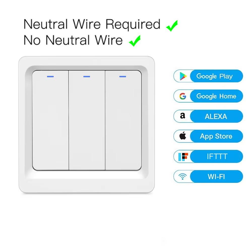 LangYeao 1/2/3 Gang Tuya WiFi Smart Light Button Switch, No Neutral/Neutral Wire Works with Alexa Google Home