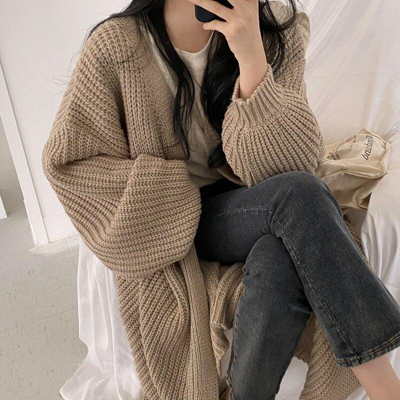 Women's Knitted Cardigan Korean Fashion Clothes Autumn Chic Argyle Vintage Sweater Lantern Sleeve Loose Jumper Coat