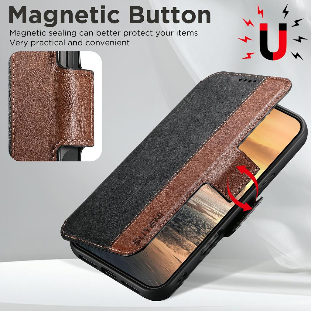 SUTENI Q-07 For iPhone 17 Air Case Magnetic Color Splicing Cowhide Texture Leather Cover