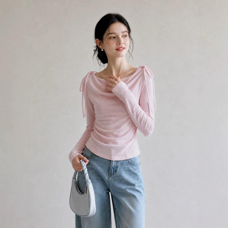 Womens Pink Off Shoulder Long Sleeve T Shirt 2026 Fall Slim Fit One Top