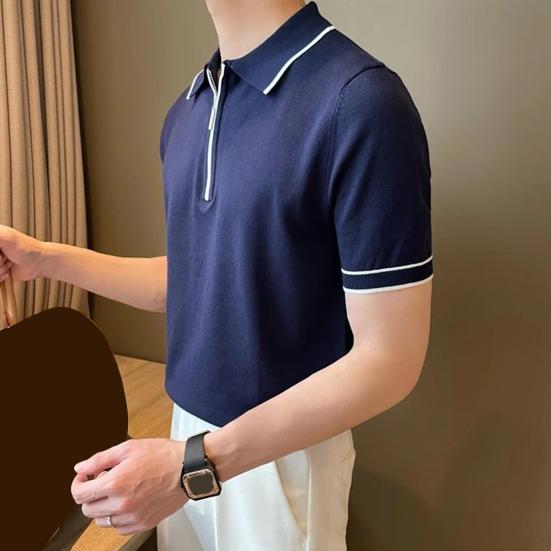 Мужская летняя рубашка, тонкая трикотажная, с коротким рукавом, на молнии, с лацканами, эластичный подол, полосатая, однотонная, свободная рубашка для поездок на работу и путешествий на открытом воздухе