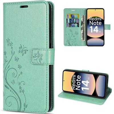Чехол для Xiaomi Redmi Note 14 5G (не для 4G) Защитная крышка из синтетической кожи, противоударная, зеленая, с узором бабочки