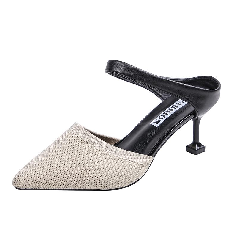 Острые тапочки, женские вязаные эластичные сетчатые туфли на высоком каблуке, разноцветные туфли для вечеринок, летняя обувь на тонком каблуке с мелкими шлепанцами, большой размер