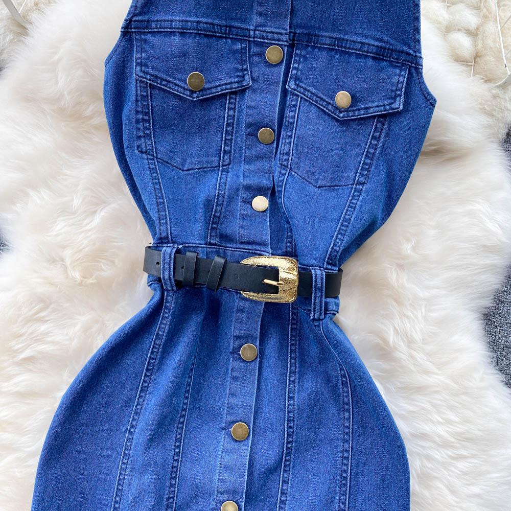 Женское новое модное сексуальное однобортное джинсовое платье с бретелькой на шее, тонкое облегающее платье без рукавов с запахом, облегающее клубное джинсовое платье