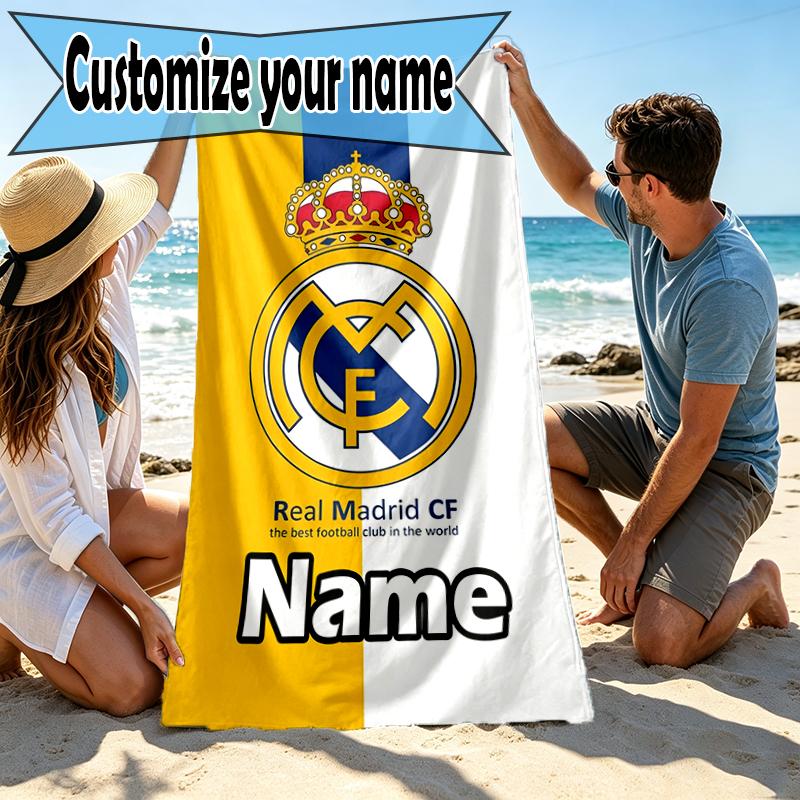 Custom Name Personalized Real Madrid Print Beach Towel, for Trip Camping Beach Party Home Decor, Birthday Gift for Family & Friends