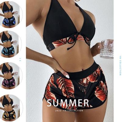 Женский комплект бикини с открытой спиной и мягкой подкладкой на груди, шорты-боксеры с принтом, сексуальное нестальное кольцо, купальный костюм для серфинга, комплект из трех предметов