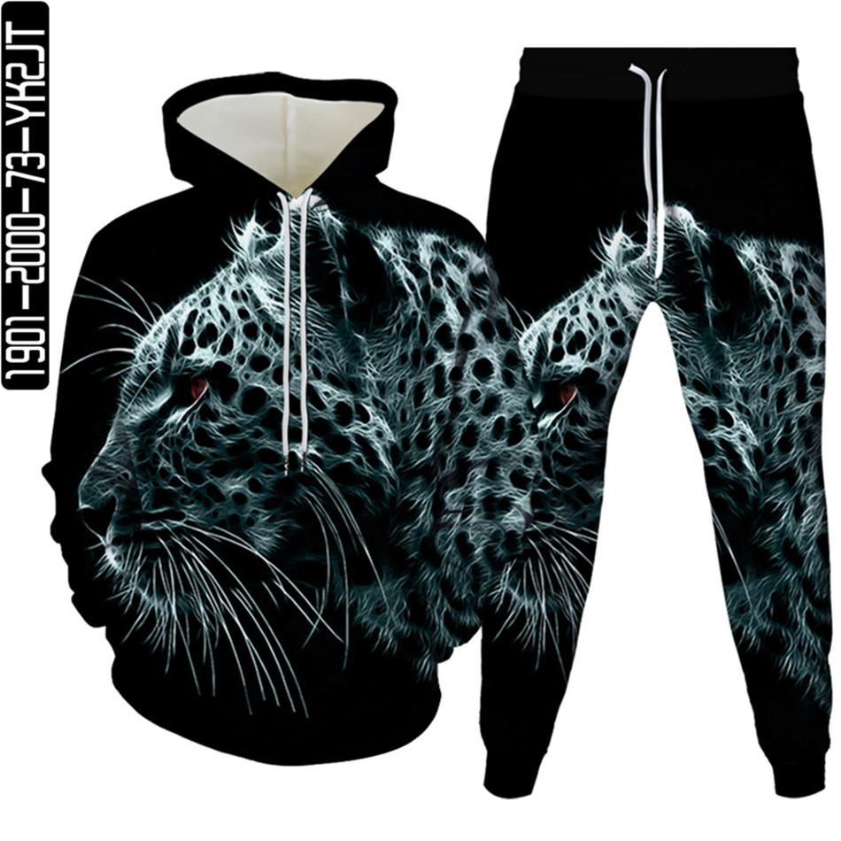 Весенне-осенний мужской спортивный костюм с 3D принтом животных и леопарда, 2 предмета, женский спортивный костюм больших размеров S-6XL, одежда с капюшоном и брюками, спортивный комплект