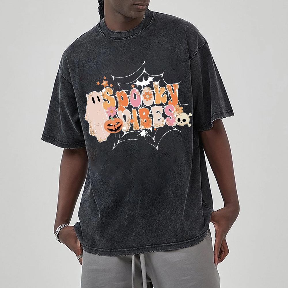 SPOOKY VIBES Monogram Print Halloween Women's T-Shirt Summer Unisex Wash Cotton Short Sleeve Loose Top American Vintage