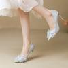 French Crystal Shoes Spring and Autumn New Silver Wedding Shoes Rhinestone Bow Pointed High Heels Women's Stiletto Shoes