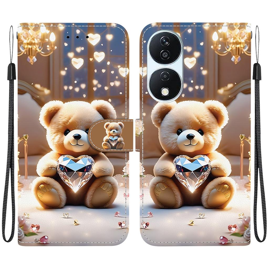 Чехол-книжка из искусственной кожи ручной работы для Honor X7b, противоскользящая противоударная крышка с ремешком на запястье и дизайнами в виде сердца/розы и кошки