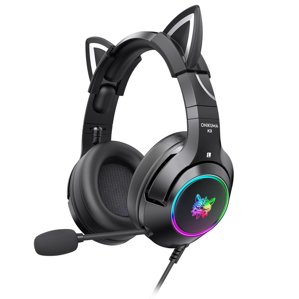 K9 Gaming Headset, Wired Over-Ear Headphones with Detachable Cat Ears, Noise Cancelling Microphone, RGB Backlight, Surround Sound for PC PS5 PS5 Xbox