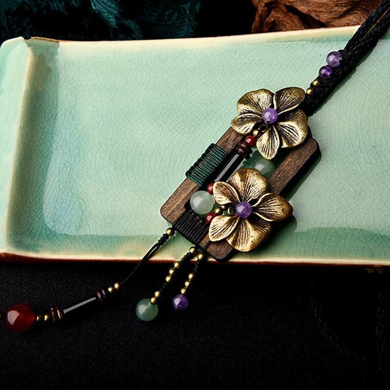 Длинное ожерелье из бронзового цветка, квадратное деревянное винтажное ожерелье с кристаллами авантюрина, этнический свитер ручной работы