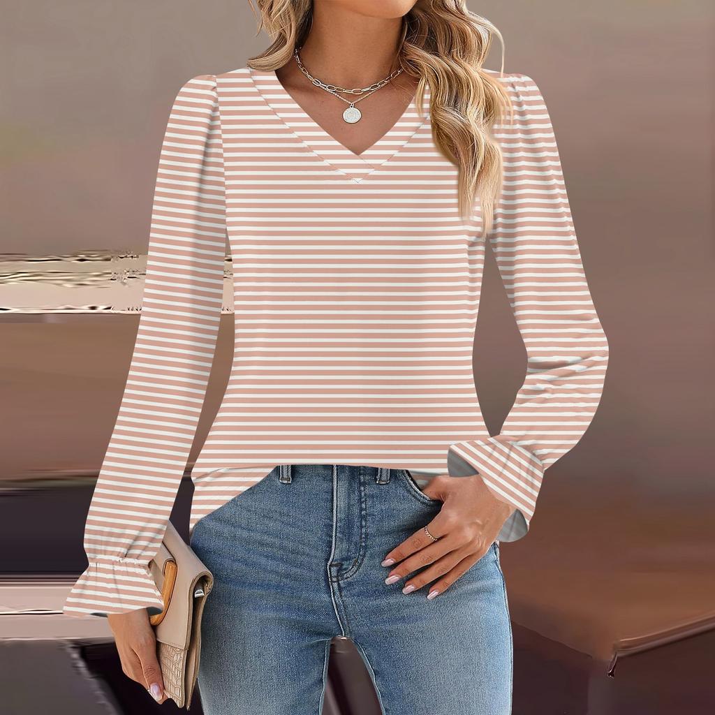 Женский повседневный топ с длинными рукавами и полосатым принтом, с v-образным вырезом