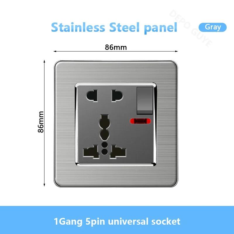 Universal Wall Light Switch Brushed Stainless Steel Panel,UK Type-c 18W Quick Charging Socket 220V Double USB Electrical Outlet