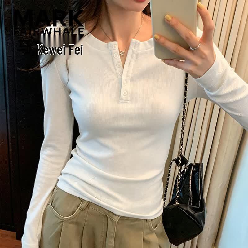 MARK FAIRWHALE Women's Slim Fit Crew Neck Long Sleeve T-Shirt with Button Details