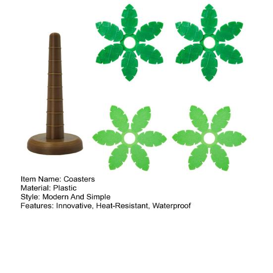 4Pcs Coconut Tree Shaped Coasters Set with Flowerpot Stand Creative DIY Coasters Heat-Resistant Plastic Drink Mat for Home Bar Decor