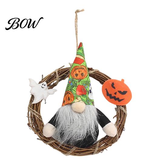 Faceless Gnome Wreath Halloween Wreath, Rattan Rustic Hanging Decoration Seasonal with Pumpkin Ghost for Front Door Wall Holiday Party Decor