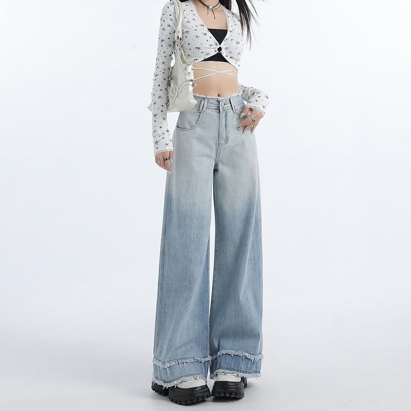 Spring new gradual change blue straight jeans women's year American retro rough edge design wide leg pants pants