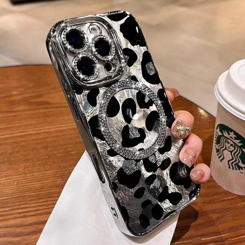 Для iPhone 16 Pro Max Роскошный чехол Magsafe Magnetic Flash Diamond Leopard Print для iPhone 11 12 13 14 15 16 Pro 14 15 16 Plus с защитой объектива
