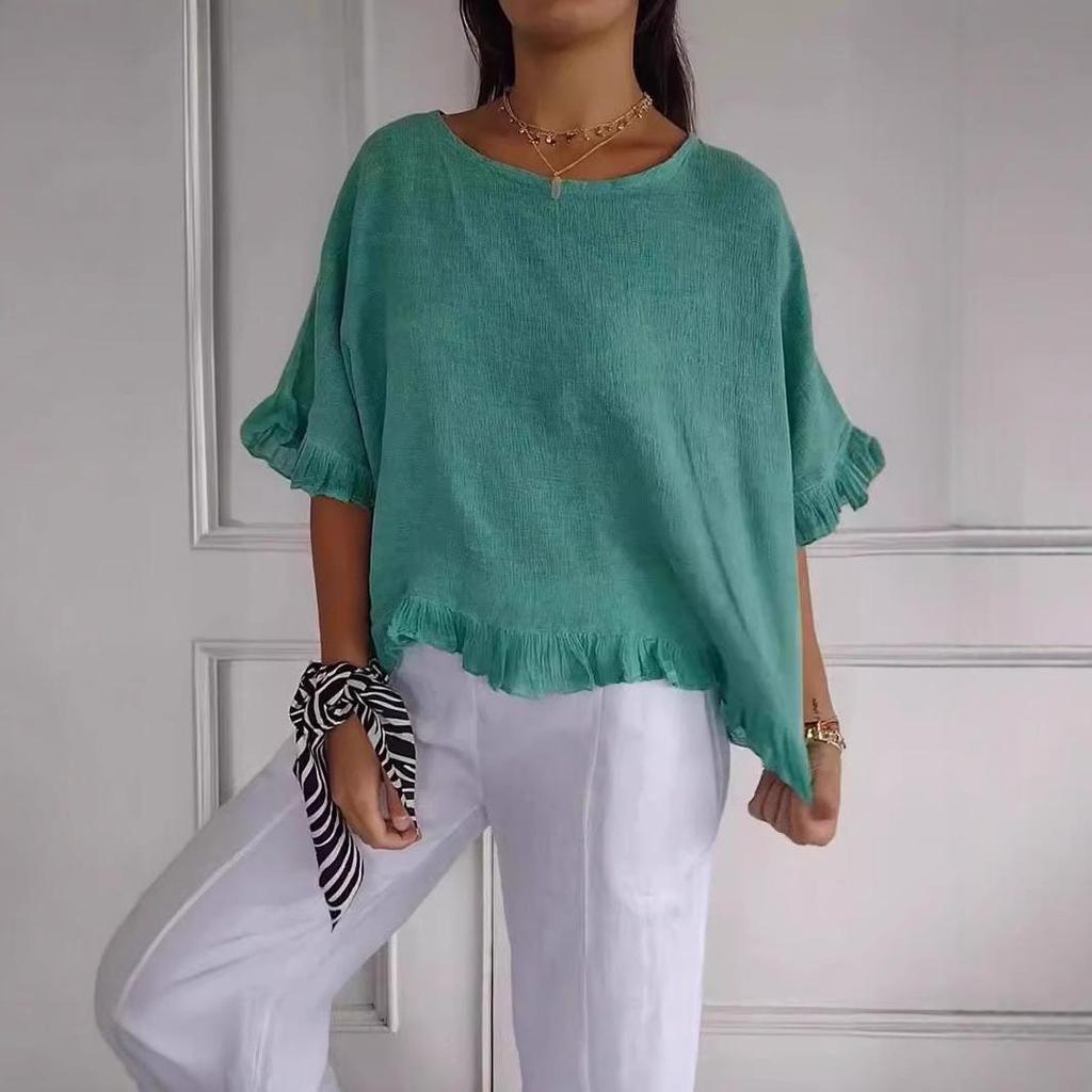 2025 Женская рубашка свободного кроя с коротким рукавом из хлопка и льна - Однотонная, с круглым вырезом, в европейско-американском стиле.