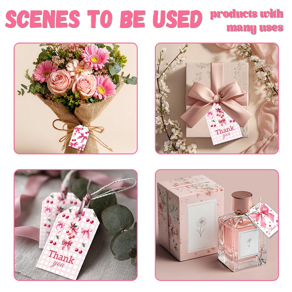 1set 80pcs 4 styles Printed Paper Thank You Gift Tags Rectangle Bowknot 7.7x5.1cm Hole: 5mm 20pcs/style