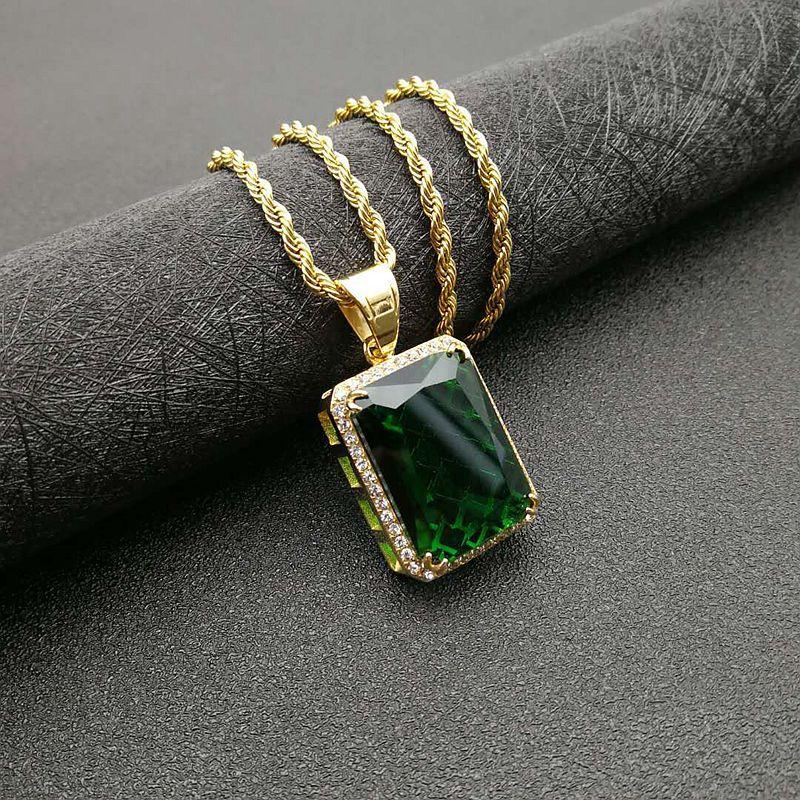 Vintage Hiphop 316L Stainless Steel Jewelry Big Red Green Stone Necklaces Pendants Crystal Gold Color Necklace Gift
