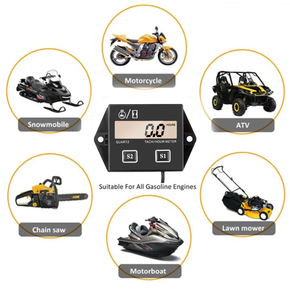 Waterproof Gasoline Engine RPM Speed Gauge Motorcycle Tachometer Working Hours Meter 2/4 Stroke Tach Hour Meter LCD Display