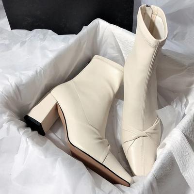 Женские ботинки, зимние ботильоны в стиле ретро на высоком каблуке в Корейском стиле с квадратным носком, модельные туфли на массивном каблуке, эластичные короткие Botas De Mujer