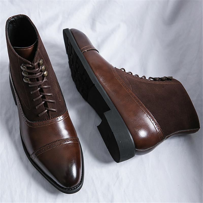 Fashion New Men's Pointed Retro Suede Patchwork Lace Up Ankle Boots British Designer Botas Trend Casual Luxury High-top Punk Rock Shoes