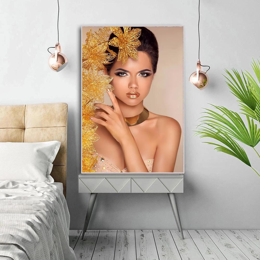 Портрет красивой женщины с золотыми цветами, печать на холсте, салон, декор для стен, постеры, принтеры, модный домашний декор,