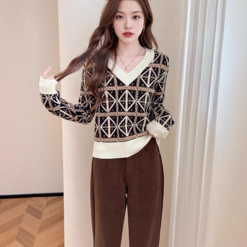 Осень Зима V-образный вырез Алмазная лоскутная вязка Свободный Повседневный Свитер Женский Винтажный Вязаный Базовый Пуловер Топ