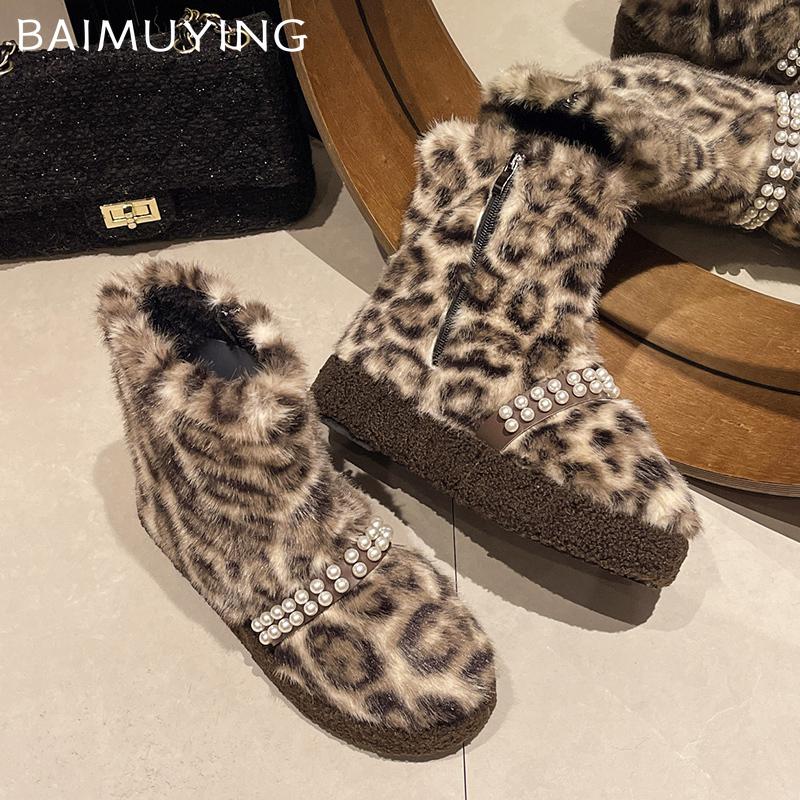 Леопардовый мех платформы женские зимние ботильоны бисер короткие плюшевые балетки хлопковая обувь 2025 тренд мода теплые зимние ботинки женские