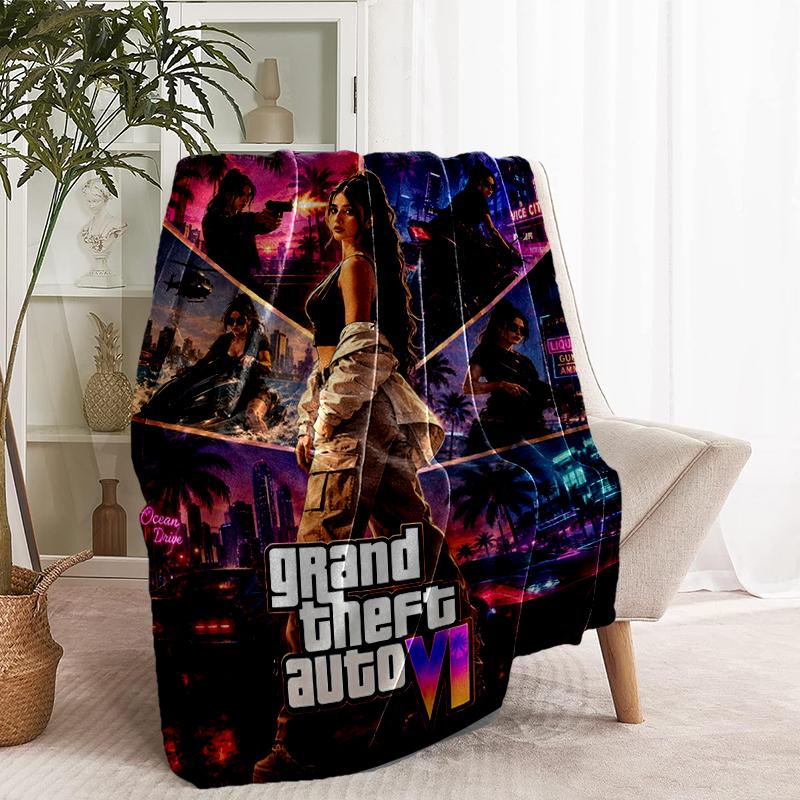 Плед с принтом Grand Theft Auto VI - Мягкий и удобный, для спальни, путешествий, дивана, домашнего декора - Подарок на день рождения, Рождество другу